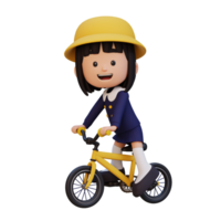 3D girl character ride bike go to school png