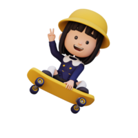 3d niña personaje paseo patineta png