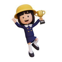 3D girl character celebrating win holding a trophy png