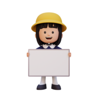 3D girl character holding a blank placard png