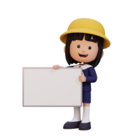 3D girl character holding a blank placard png