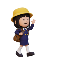 3D happy girl character walking and waving hand png