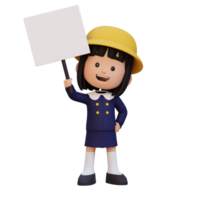 3D girl character holding a blank placard png