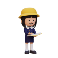 3D happy girl character reading book png