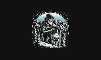 old man hold lantern on forest vector artwork design