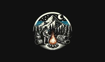 old man campfire on forest snow vector artwork design