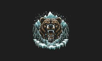 cabeza oso enojado en bosque nieve vector mascota diseño