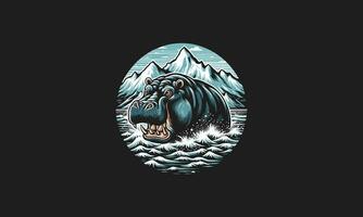 hipopótamo en montaña nieve vector mascota diseño
