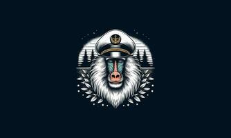 head baboon wearing captain hat on forest vector artwork design