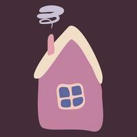 Cute pink house with Window and smoke from the chimney. Cartoon flat style Simple hand drawn vector illustration. Doodle art. Isolated Clipart. Graphic element for design of children products, Card.