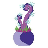 Cartoon scary carnivorous plant on white background. Vector Colorful Fantasy flora with predators and Flowers. Hand drawn Flat style illustration of Botanical design element in Flower pot.