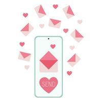 vector ilustración teléfono inteligente con amor sobre y corazones. enviando romántico mensaje en pantalla. social red y móvil dispositivo concepto. gráfico para sitios web, web bandera. plano enamorado día gráfico