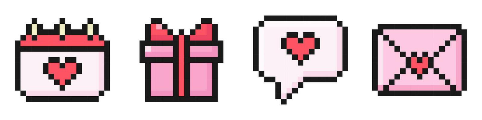 valentine's day pixel set of icons, vintage, 8 bit, 80s, 90s arcade game style, icons for game or mobile app, dialogue, letter, calendar, gift, vector illustration