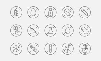 Food allergen free icons set. Lactose free, no gluten, sugar free signs. Vector