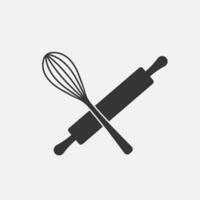 Whisk and rolling pin black icons. Kitchen utensils. Vector