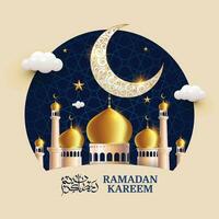 Realistic Crescent vector illustration of Islamic with mosque for Ramadan Kareem and eid mubarak. Golden Half Moon pattern