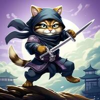 AI generated illustration of a ninja cat holding a sword with a headband photo