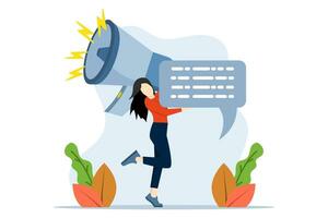 PR manager attracts customers with megaphone. Successful work on the Internet. PR, targeting, marketing concept. target marketing, online advertising in data design, Journalism concept. vector