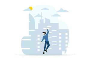 Concept of joy over an achievement, a character in a business suit happily jumping holding papers, happy man, proud of success in business. brilliant career. flat vector illustration.