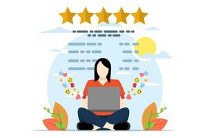 customer review concept, character Giving Star Feedback, Star review with good and bad ratings and text, customer satisfaction rating, business satisfaction, Flat Vector Illustration on background.