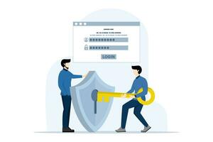 Account security concept, businessman holds key to access security system that protects user account data and password for login. account information and password. flat vector illustration.