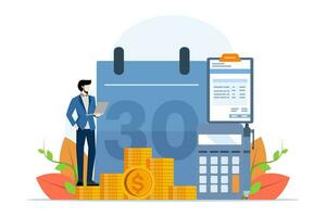 Salary payroll system concept, online income calculation and automatic payment, office accounting administration or calendar payment date, businessman standing with online payroll computer. vector