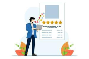 customer review concept, character Giving Star Feedback, Star review with good and bad ratings and text, customer satisfaction rating, business satisfaction, Flat Vector Illustration on background.