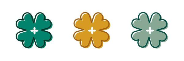 Set of cute cartoon clover with four leaves different color green, peach fuzz, gold  shamrock. Symbol of St. Patrick's Day, Lucky clover Vector illustration icon.