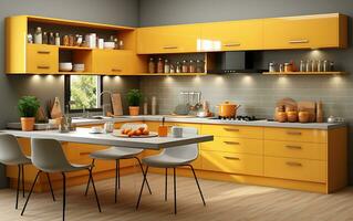 AI generated A colorful Indian kitchen interior design that creates a pleasant atmosphere photo