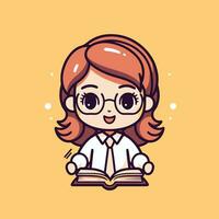 ai generado linda estudiante dibujos animados niña en lentes leyendo un libro. vector ilustración.