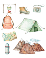 Watercolor illustration of a hiking set isolated on a transparent background. png