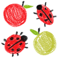 Hand-drawn children's ladybug. Forest insects and green and red apples. Kid's drawings using pencil technique. Isolated images. For card and banner png