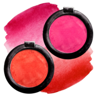 Red pink set of blush. Decorative makeup cosmetics. Round powder hand-painted in watercolor style. Isolated pictures. For advertising banner and logo. png