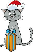 gracioso dibujos animados gato con presente en Navidad hora vector