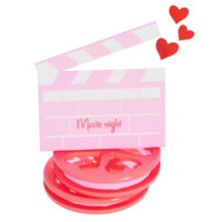 Valentine's movie night clapper board with movie reel on transparent background, 3D rendering png