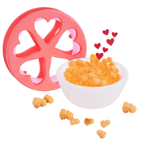 la Saint-Valentin film nuit fromage pop corn avec film bobine sur transparent arrière-plan, 3d le rendu png