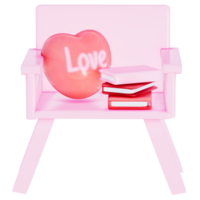 valentine dekoration små stol och en stack av kärlekstema böcker på en transparent bakgrund, 3d tolkning png