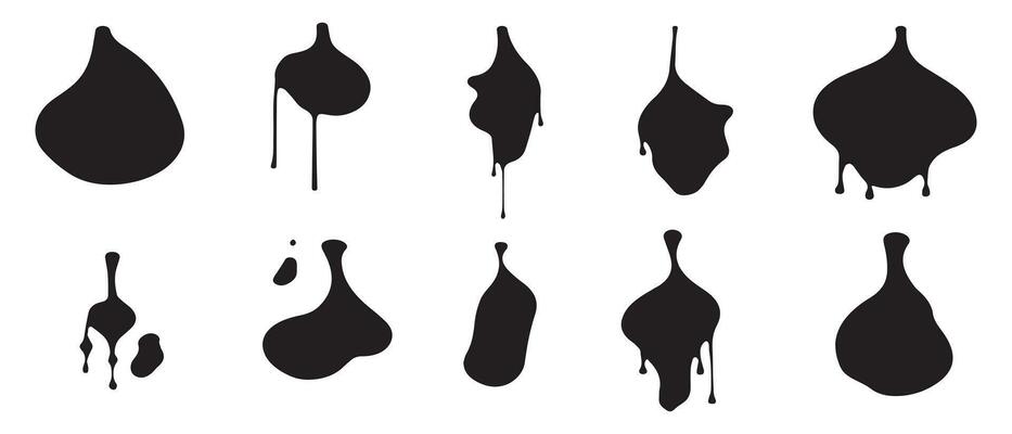 Black paint drips set isolated on white background. Vector illustration.