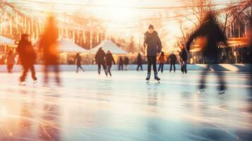 AI generated Ice skating rink in winter. Happy moments spent together. Blurred background photo