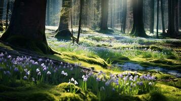 AI generated Spring forest, awakening of nature, first flowers photo