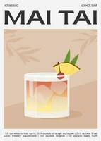 Mai Tai Cocktail garnished with pineapple slice and cherry. Classic alcoholic beverage recipe. Summer aperitif poster. Minimalist trendy print with alcoholic drink. Vector flat illustration.