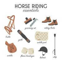 Horse riding essentials trendy square card. Equestrian Equipment vector infographic educational card. Tack and Gear Icons in Trendy Modern Style. Equine Sports Hand Drawn Illustrations.