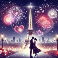 ai generado un romántico de pareja debajo el fuegos artificiales por el eiffel torre foto