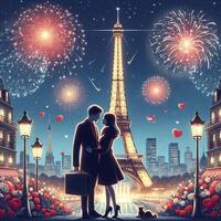 ai generado un romántico de pareja debajo el fuegos artificiales por el eiffel torre foto