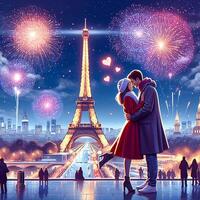 ai generado un romántico de pareja debajo el fuegos artificiales por el eiffel torre foto