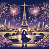 ai generado un romántico de pareja debajo el fuegos artificiales por el eiffel torre foto