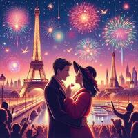 AI generated A Romantic Couple's Under the Fireworks by the Eiffel Tower photo