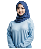 ai généré magnifique souriant Japonais hijab fille dans bleu chandail isolé sur transparent Contexte png