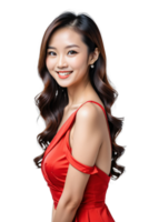ai gegenereerd kant visie van mooi glimlachen Aziatisch vrouw vervelend rood jurk geïsoleerd Aan transparant achtergrond png
