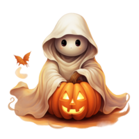 AI generated Halloween cartoon smiling little witch in a pumpkin costume with a witch hat with pumpkin ghost png